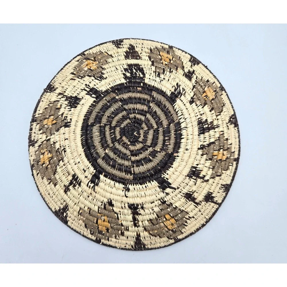 Handwoven Coiled Basket Bowl Geometric Turtle Brown‎ Cream Southwest Style 9.75